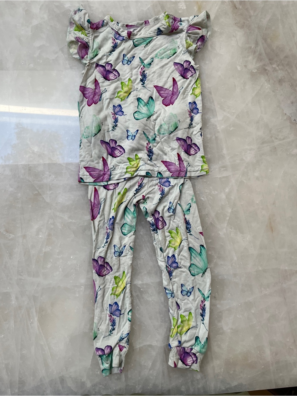 Girls' Butterfly Print Pajama Set - White with Purple, Aqua & Lime Butterflies